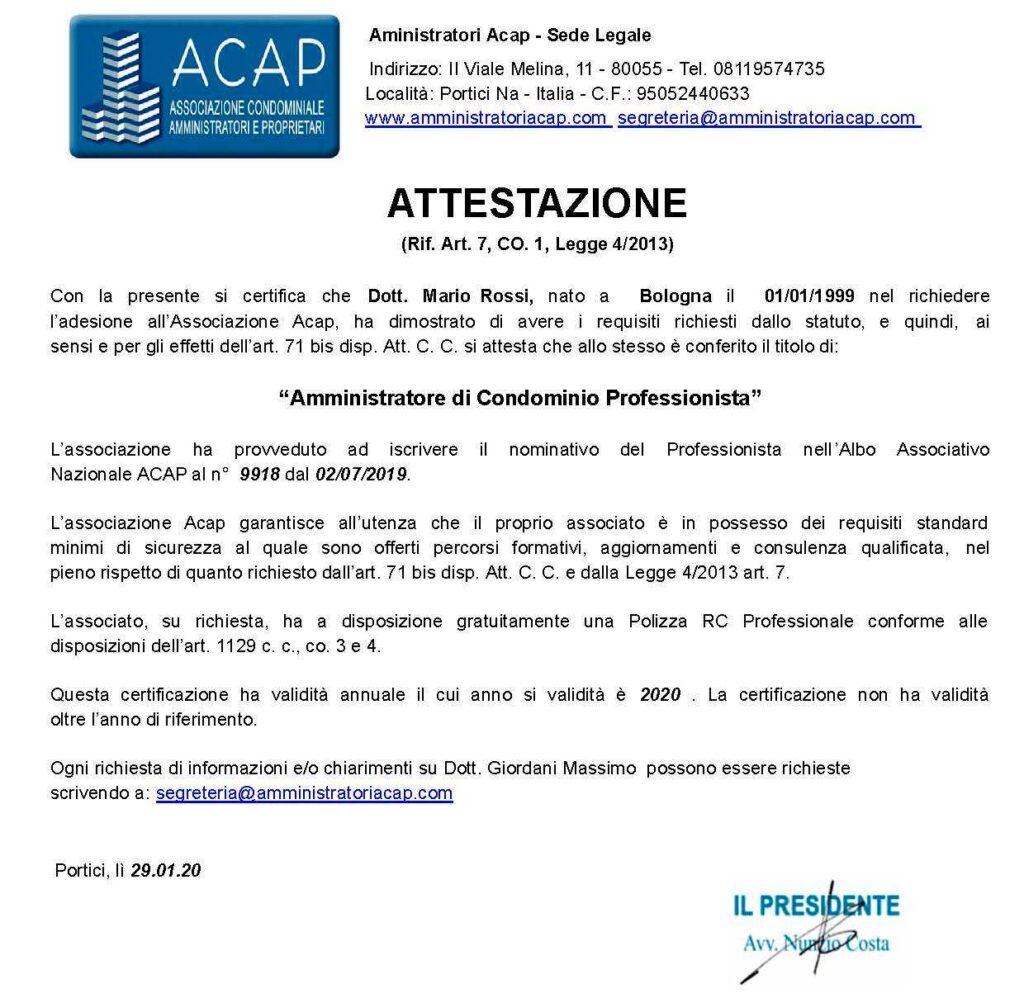 Attestato iscrizione ACAP